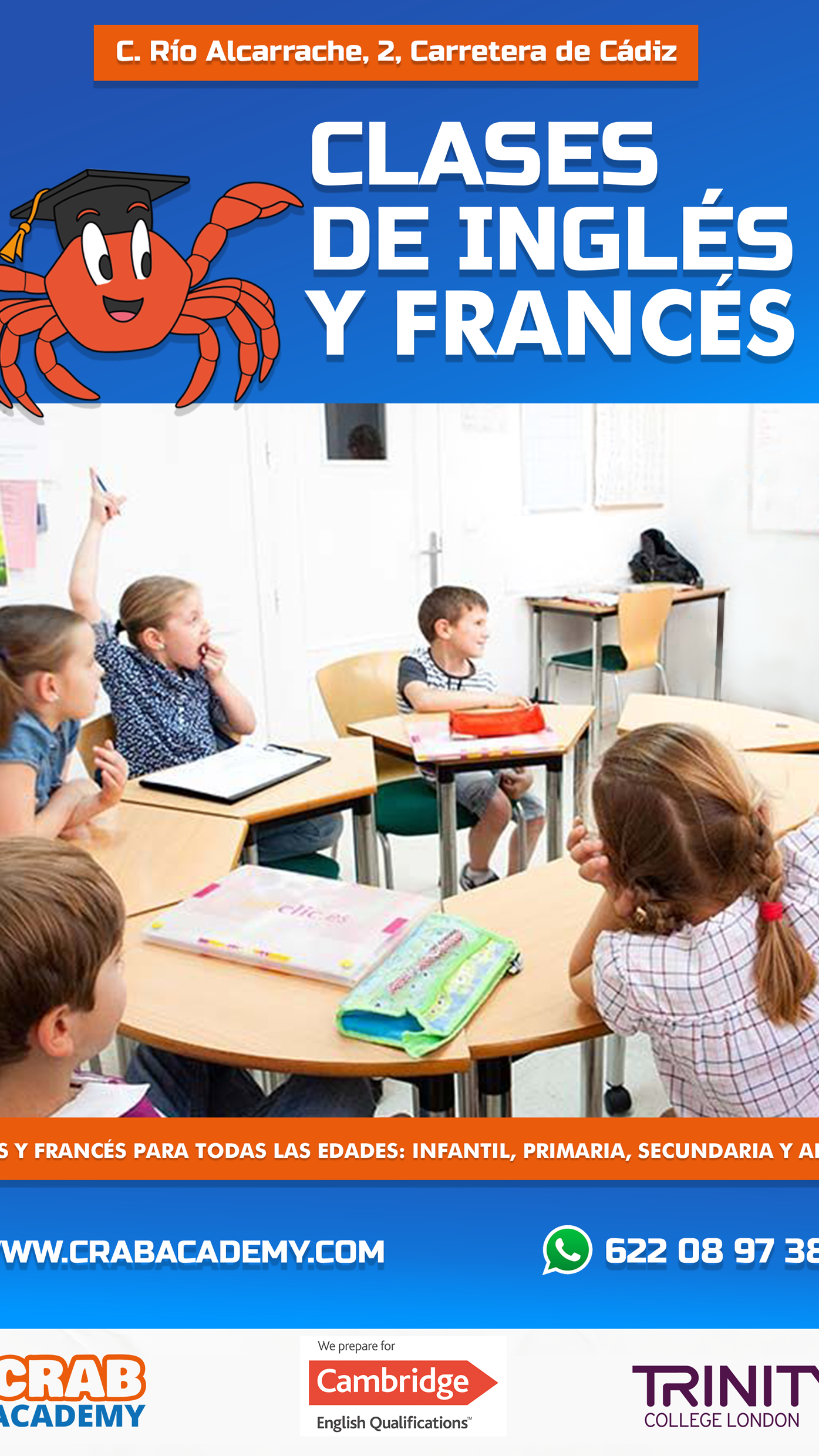 CLASES DE INGLES Y FRANCES FLYER uai LGP Lemingate Agencia de Publicidad Crab Academy